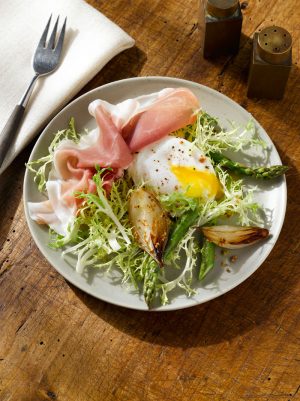 Prosciutto di Parma Frisee Salad with Asparagus, Shallots and Mustard Dressing