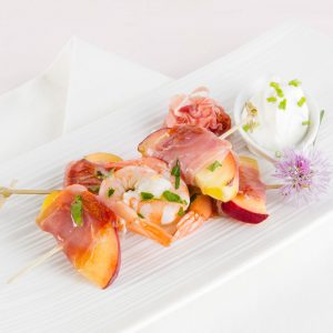 Prosciutto di Parma with Grilled Shrimp and Peaches with Yogurt Sauce