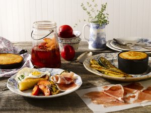 Summer Cornbread with Prosciutto Di Parma, Baby Squash and Pickled Nectarines