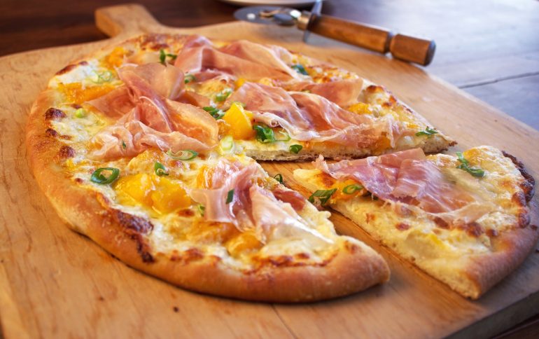 Prosciutto Pizza with Spicy Peach Jam and Burrata