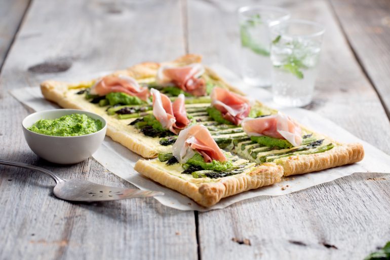 Asparagus and Prosciutto di Parma Puff Pastry Tart with Spring Pea Pesto and Ricotta - Prosciutto Di