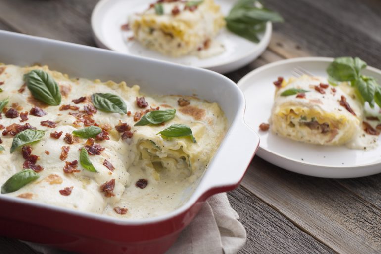 White Lasagna Roll Ups with Prosciutto & Arugula